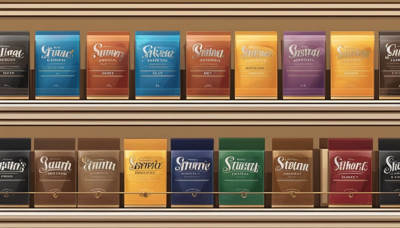 A variety of guitar strings in different packaging and brands displayed on a store shelf
