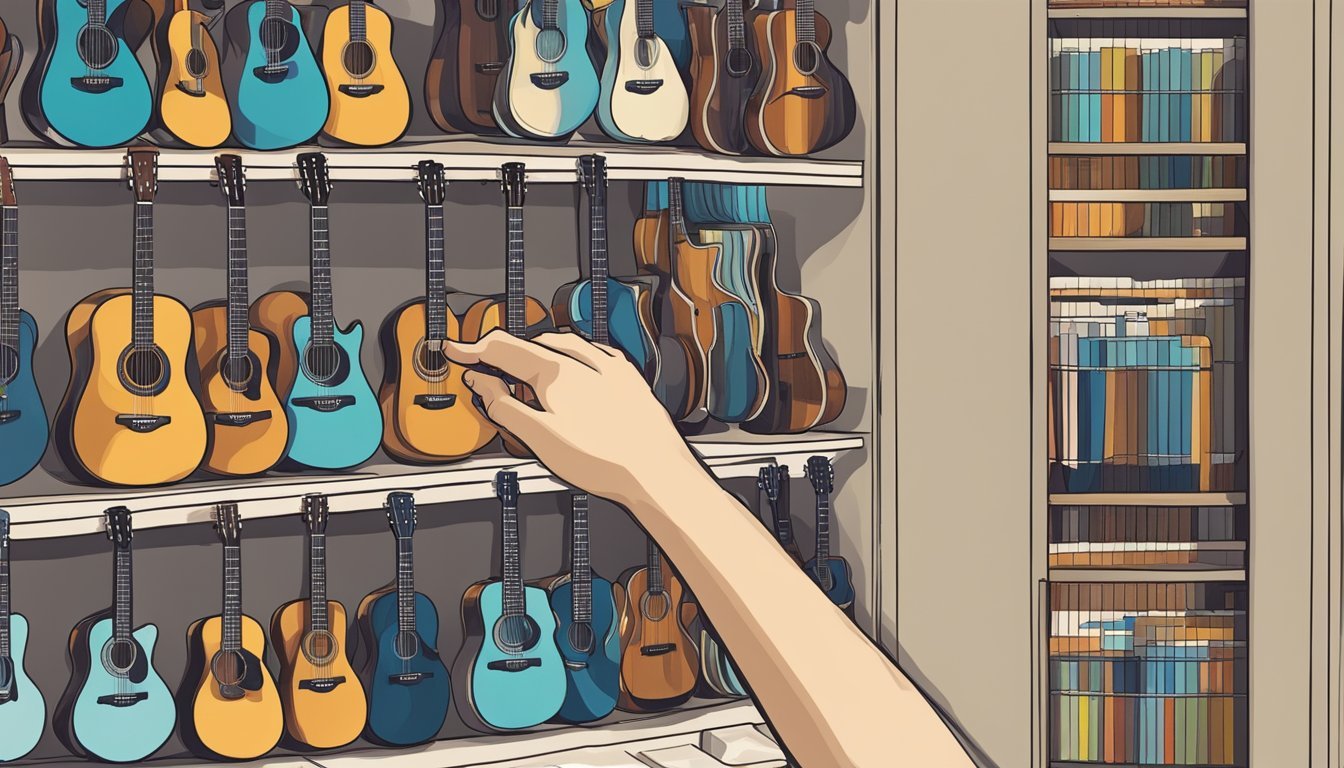A hand reaching for guitar strings on a store shelf