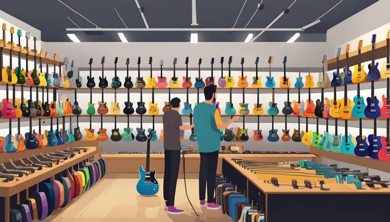 An electric guitar shop with rows of guitars on display, various colors and styles, with a customer trying out different models