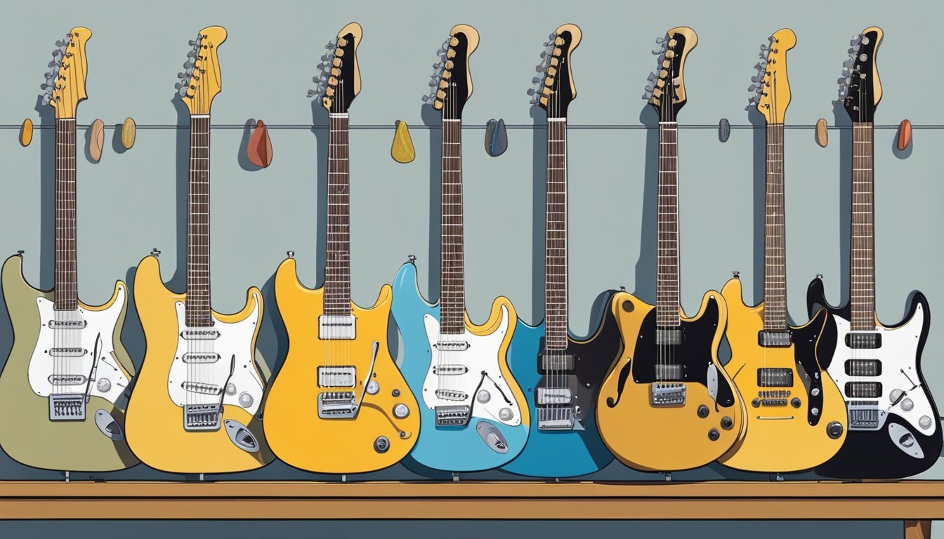 A variety of electric guitars displayed on a wall rack, with a nearby table holding guitar strings, picks, and polishing cloths