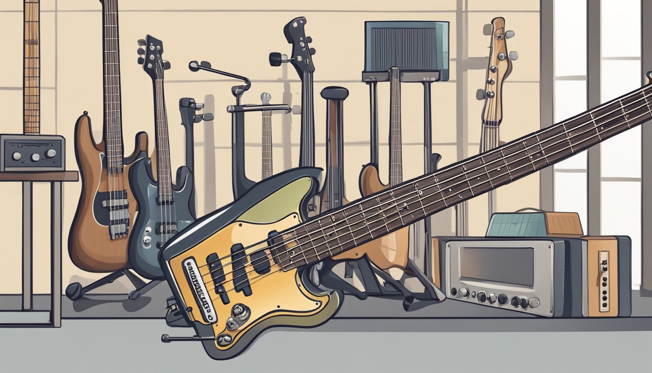 A bass guitar resting on a stand, with tuning pegs being adjusted and a tuner device clipped onto the headstock