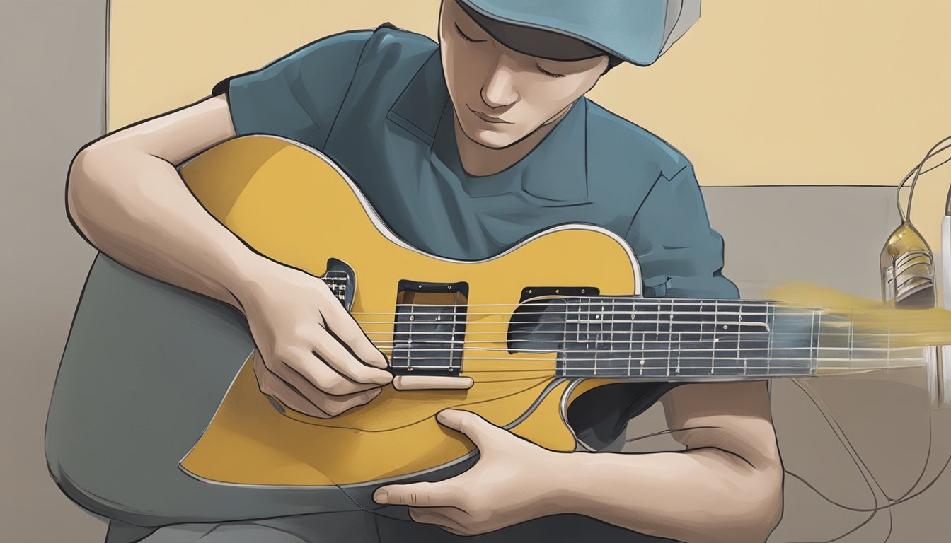 A guitar being sanded down, taped off, and painted with a new color