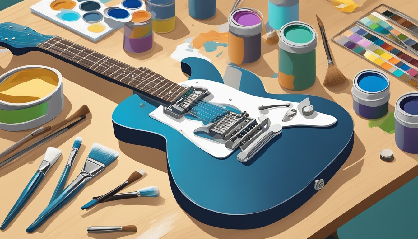 A guitar lying on a workbench, surrounded by paint cans, brushes, and sandpaper.</p><p>A person's hand is seen carefully applying a fresh coat of paint
