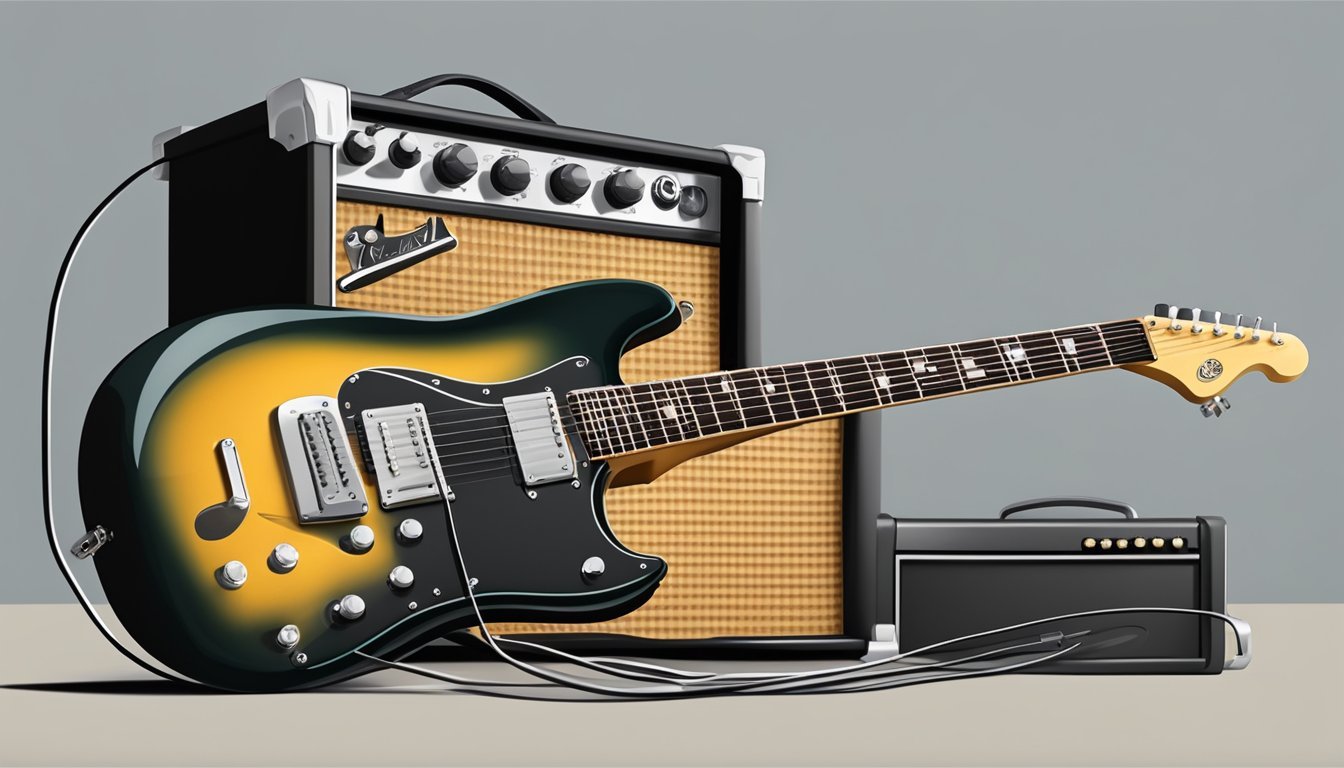 An electric guitar, amplifier, pick, and cable on a stage