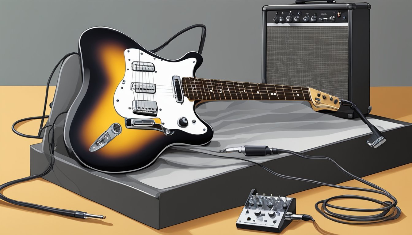 An electric guitar, amplifier, pick, and cable laid out on a music stand