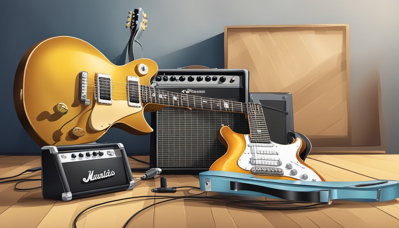 An electric guitar next to an amplifier and a pick on a music stand