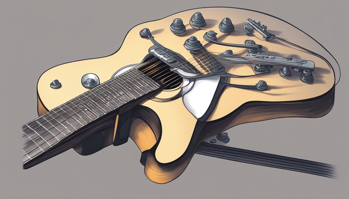 A guitar resting on a stand, with fingers pressing down on the frets to form different chords