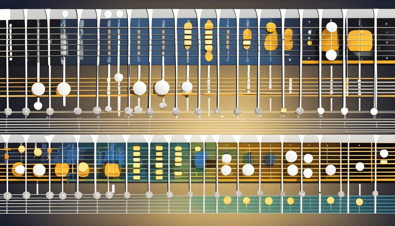 A guitar fretboard with various chord shapes and finger positions displayed