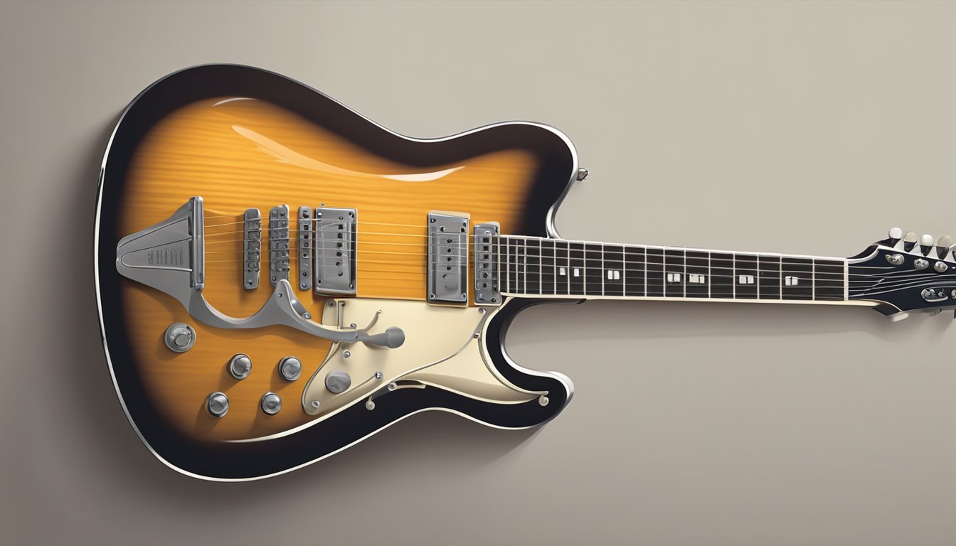 A guitar is mounted securely on a wall using a sturdy wall hanger.</p><p>The guitar is positioned horizontally with the neck facing left and the body facing outward