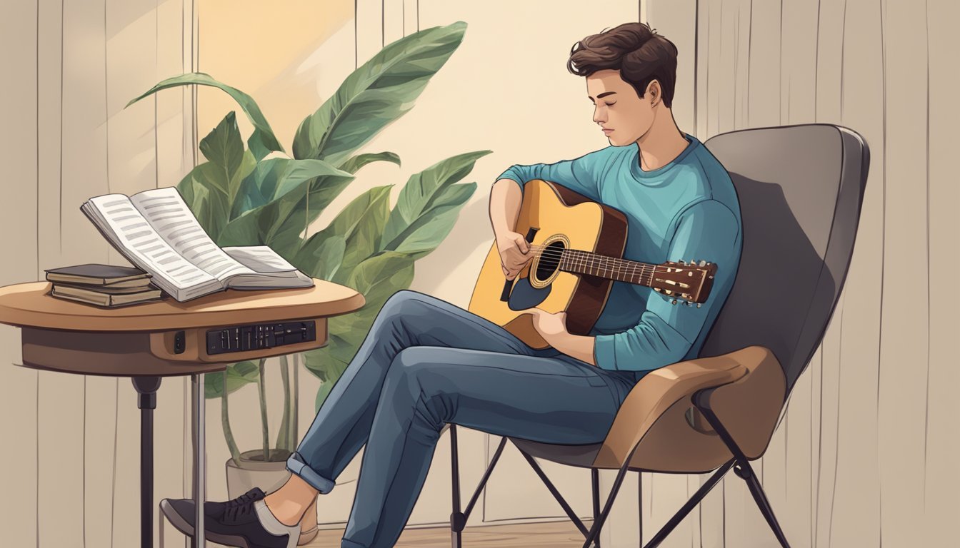A person sitting on a chair, holding a basic acoustic guitar, with a music stand and beginner guitar book nearby