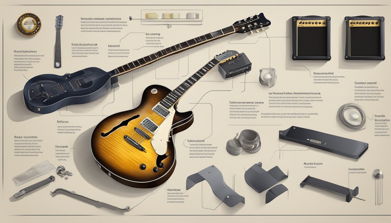 A guitar hanging securely on a wall mount, with clear instructions and tools nearby for aftercare and maintenance