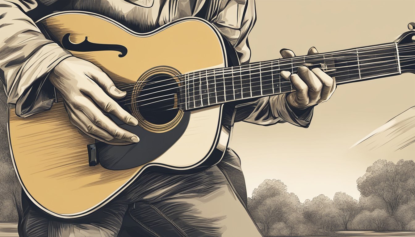 An acoustic guitar being strummed with fingers, creating a warm and rich sound