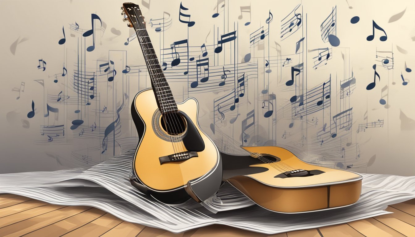 An acoustic guitar resting on a stand, surrounded by musical notes and sound waves