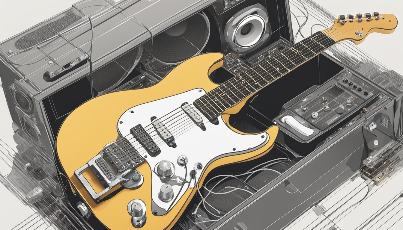 A guitar with exposed pickups, connected to an amplifier with visible sound waves emanating from the speakers