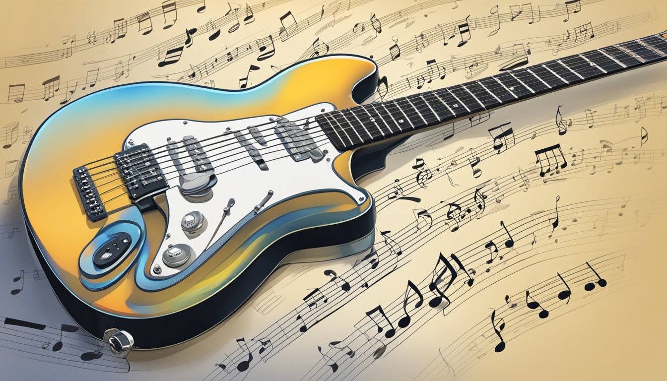 A guitar with tabs and music theory notes overlaid in the background