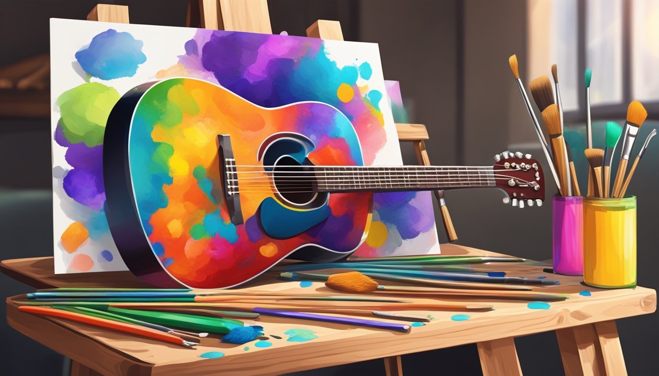 A guitar resting on a wooden easel, surrounded by tubes of paint and brushes, with a palette filled with vibrant colors