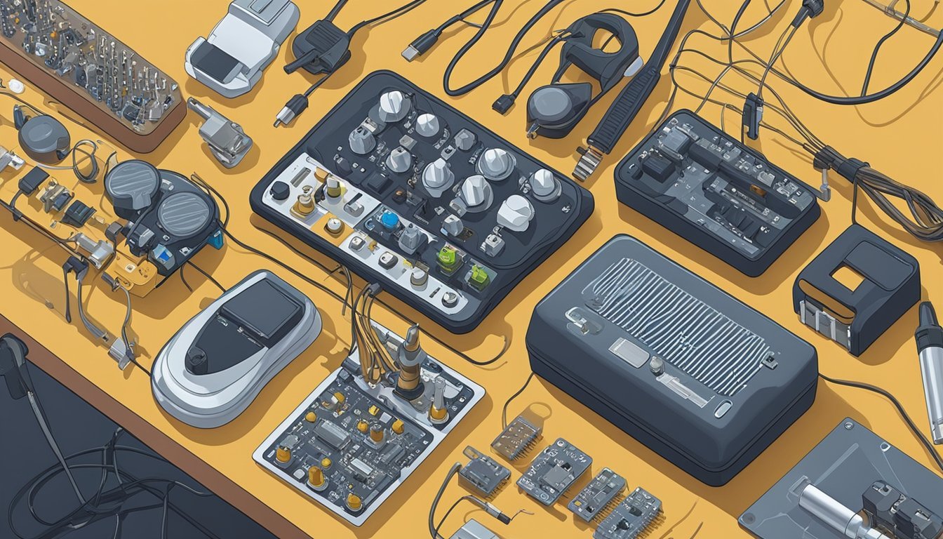 An array of electronic components laid out on a workbench, soldering iron, and wires, with a partially assembled guitar pedal taking shape
