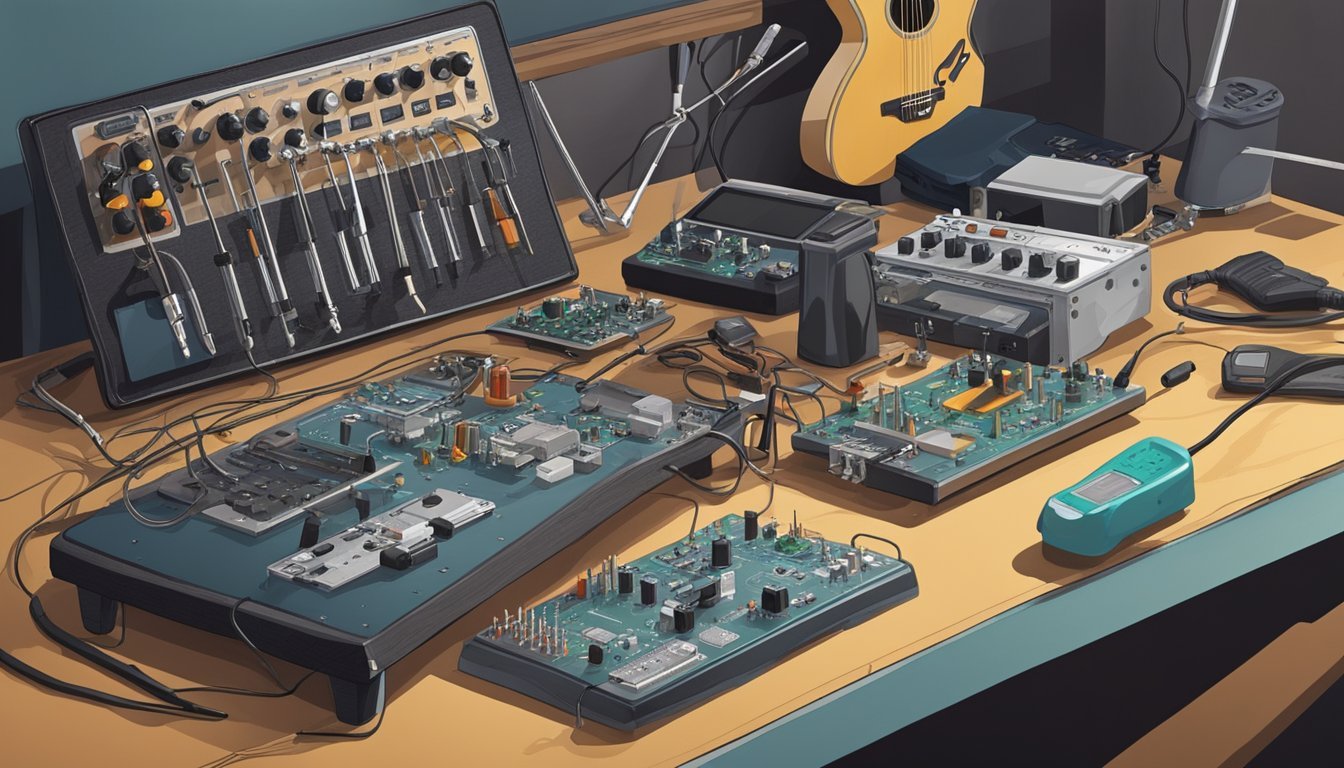 A workbench cluttered with electronic components, soldering iron, and tools, with a partially assembled guitar pedal in the foreground