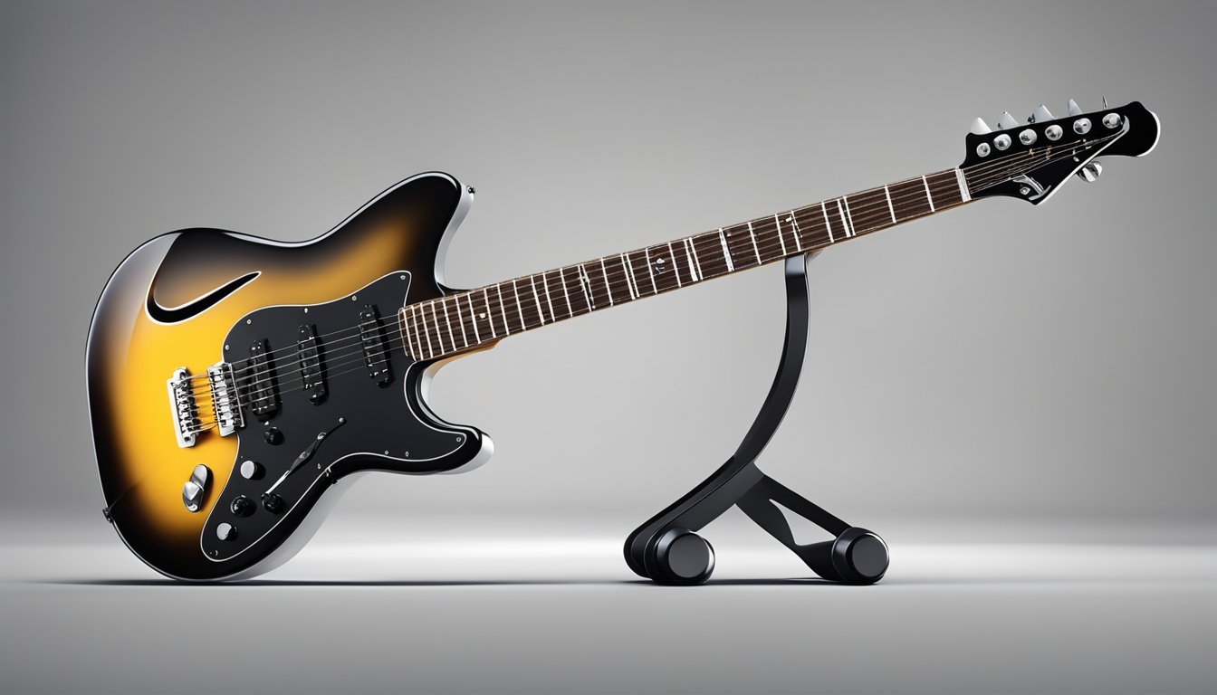 An electric guitar resting on a sleek, modern stand, bathed in dramatic stage lighting, with its shiny body and strings gleaming under the spotlight