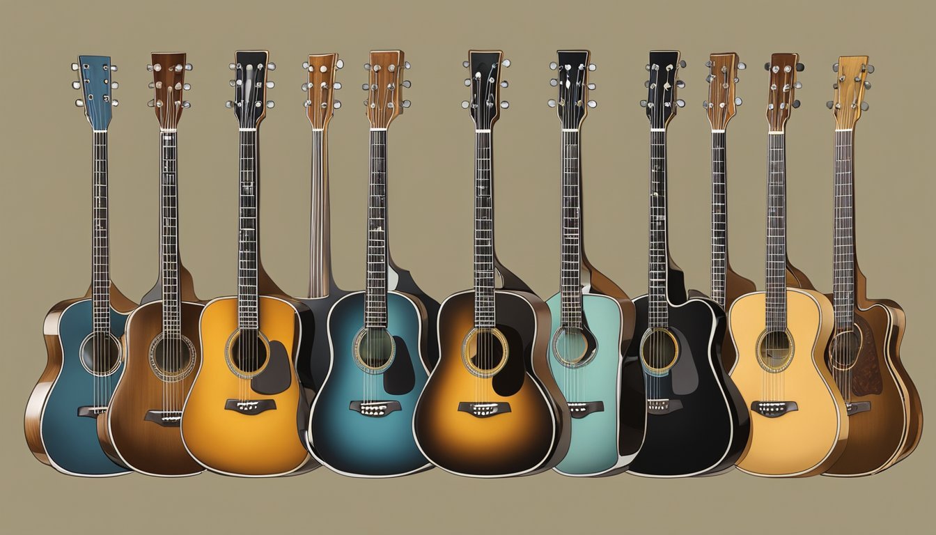 A collection of diverse acoustic guitars displayed on a wall-mounted rack, each with unique body shapes, wood finishes, and intricate soundhole designs