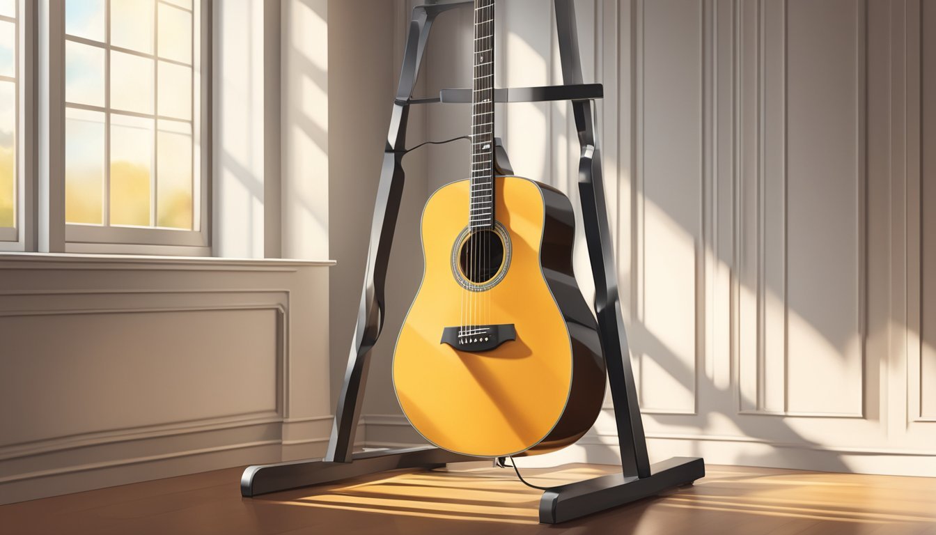 An electric acoustic guitar sitting on a stand in a sunlit room, with its sleek body and strings catching the light
