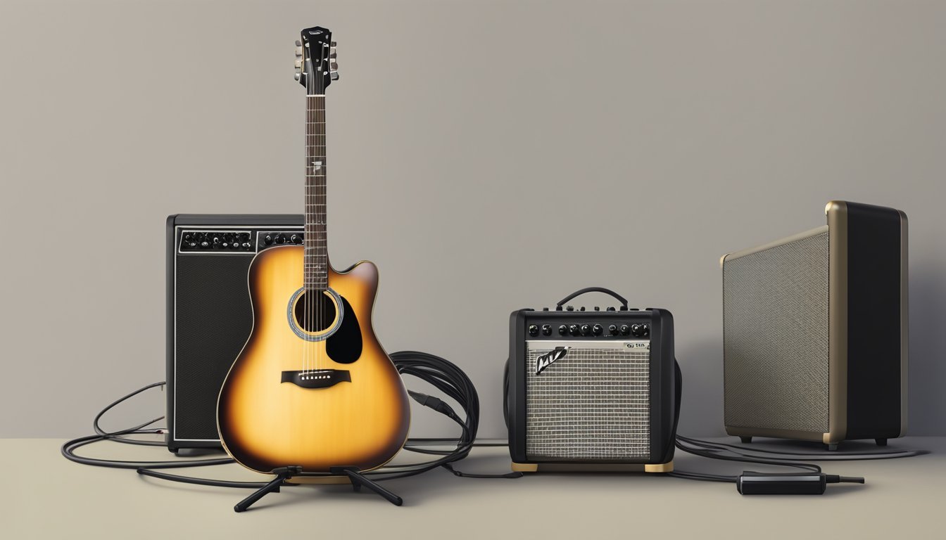 An acoustic electric guitar resting on a stand, with a cable plugged into the input jack, and an amplifier in the background