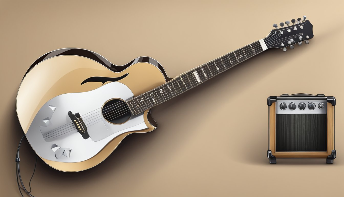 An electric acoustic guitar with steel strings and a sleek, polished wooden body, plugged into an amplifier on a stage