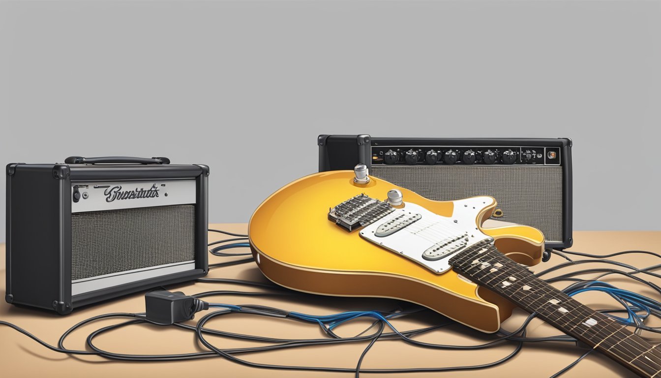 An electric guitar surrounded by a cable, amplifier, and pick