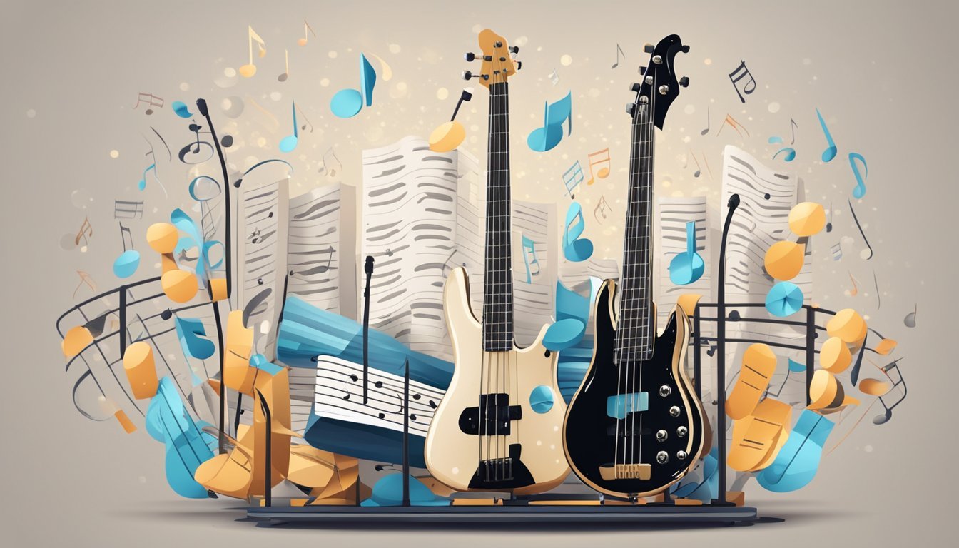 A bass guitar with four strings lies on a stand, surrounded by music notes and a metronome