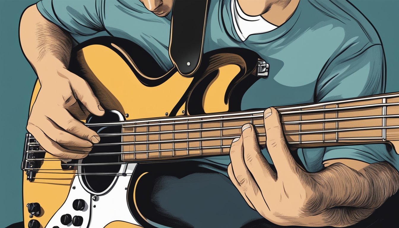 A bass guitar with four strings being plucked and strummed by a musician's fingers, demonstrating different playing techniques