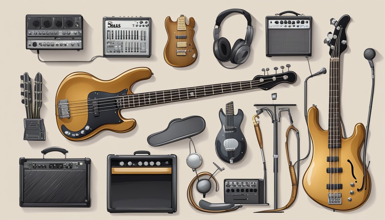 A bass guitar with four strings, resting on a stand, surrounded by various other musical instruments and equipment