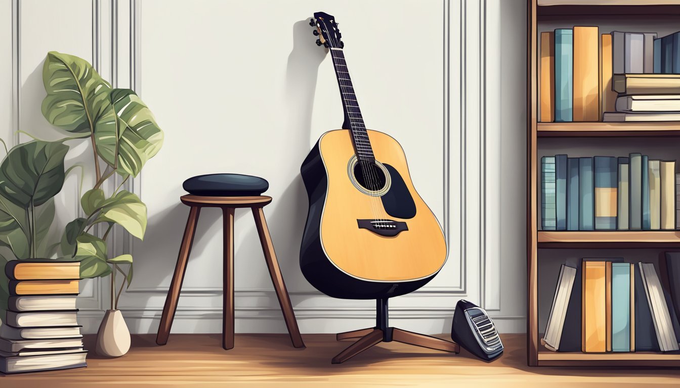 A simple acoustic guitar on a stand, surrounded by music books and a tuner, with a comfortable chair nearby for practice