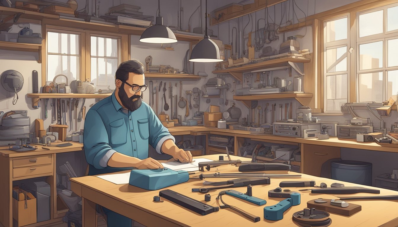 An inventor in a workshop, surrounded by tools and materials, crafting the first electric guitar prototype