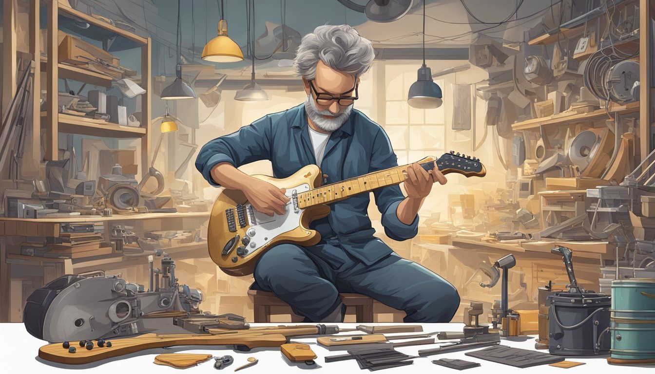 An inventor in a workshop, surrounded by tools and materials, constructs the first electric guitar, sparking a revolution in music and culture