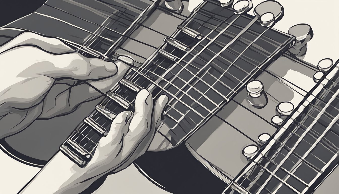 A hand strums a guitar, fingers pressing down on different strings to create different notes, while the other hand adjusts the tuning pegs