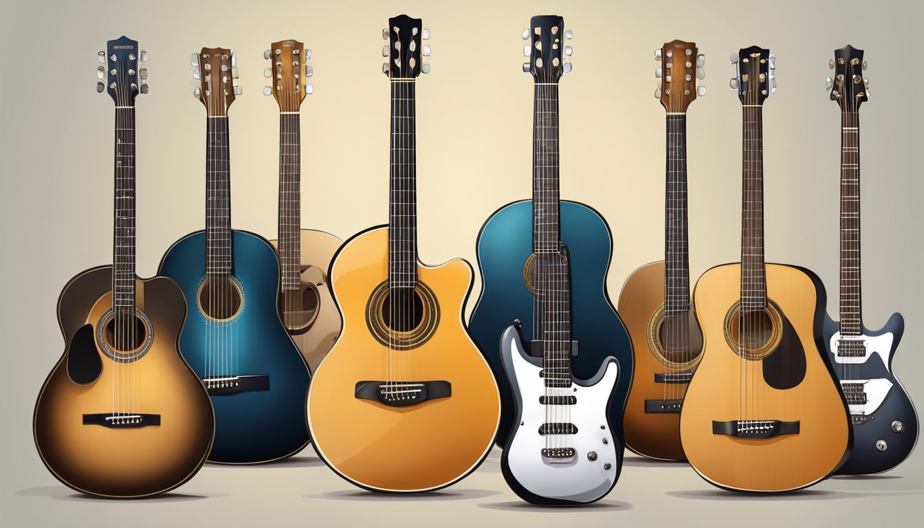 An acoustic guitar with six strings rests against a music stand, surrounded by a classical guitar, electric guitar, and bass guitar