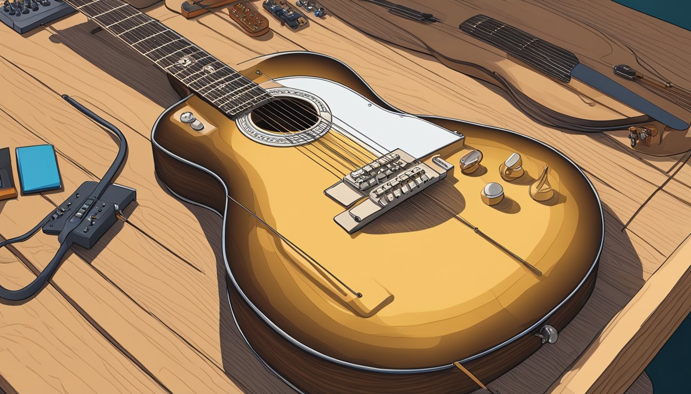 A guitar with six strings being tuned and configured on a wooden table