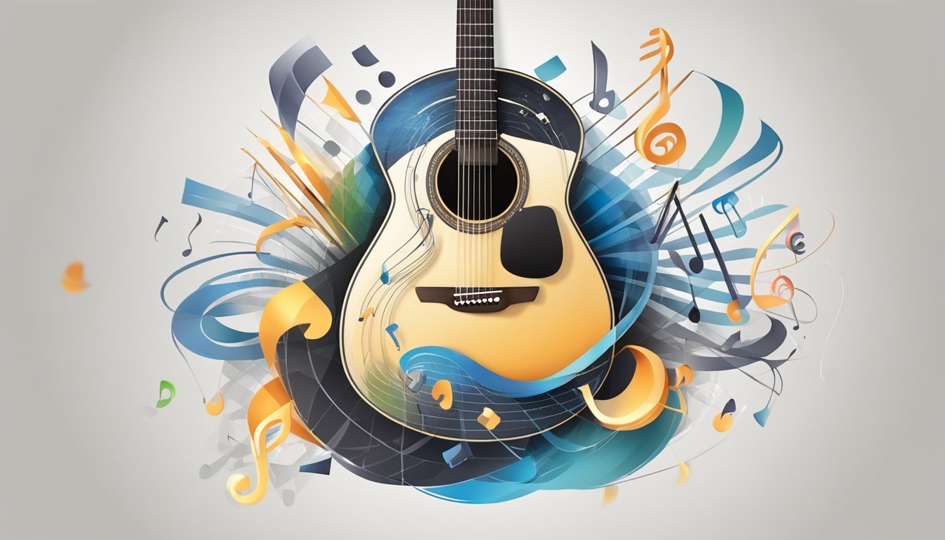 An acoustic guitar with six strings, surrounded by musical notes representing different genres like rock, jazz, blues, and classical