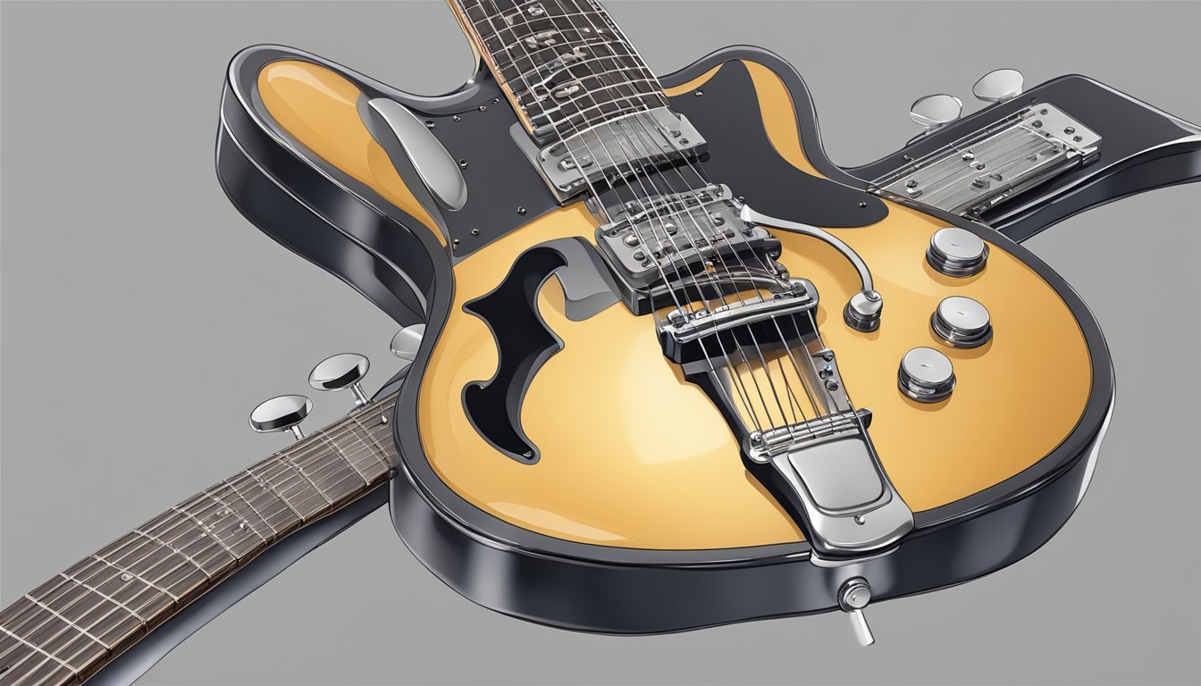 A guitar resting on a stand, with the body and neck clearly visible.</p><p>The strings are taut and the tuning pegs are present
