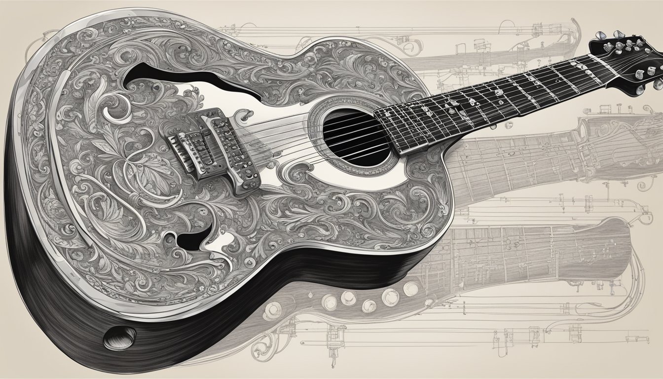A hand-drawn guitar with intricate details, including strings, tuning pegs, and a polished finish