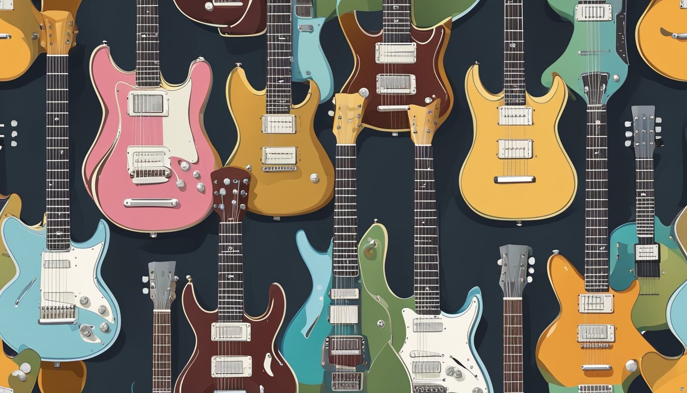 A guitar with six strings, each varying in thickness and color, stretched across the fretboard and secured at the bridge and tuning pegs
