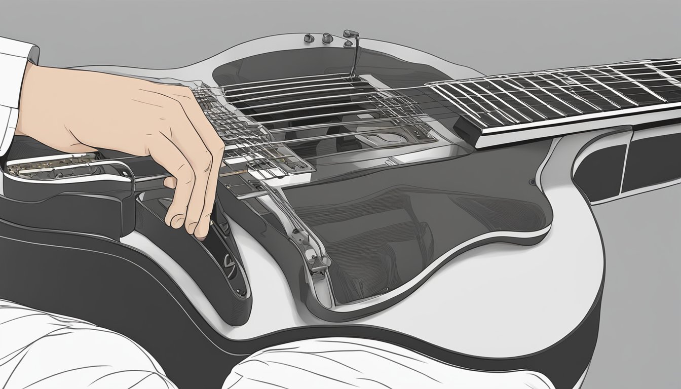 A guitar lying on a flat surface, with the strings removed and a person holding new strings ready to be installed