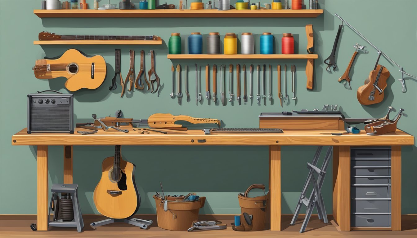 A workbench with a guitar, wire cutters, and a string winder