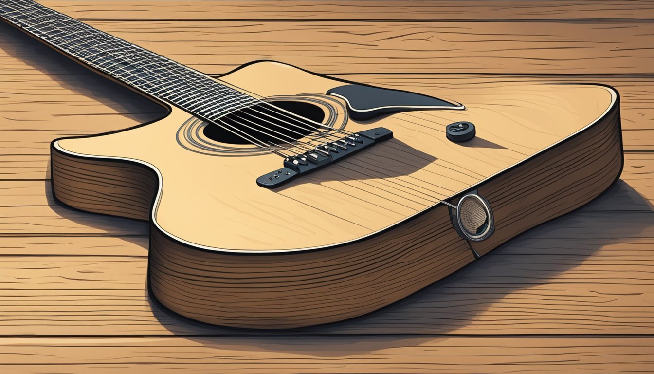 A guitar lying on a wooden surface, with six strings clearly visible and the question "how many strings on a guitar" written above it