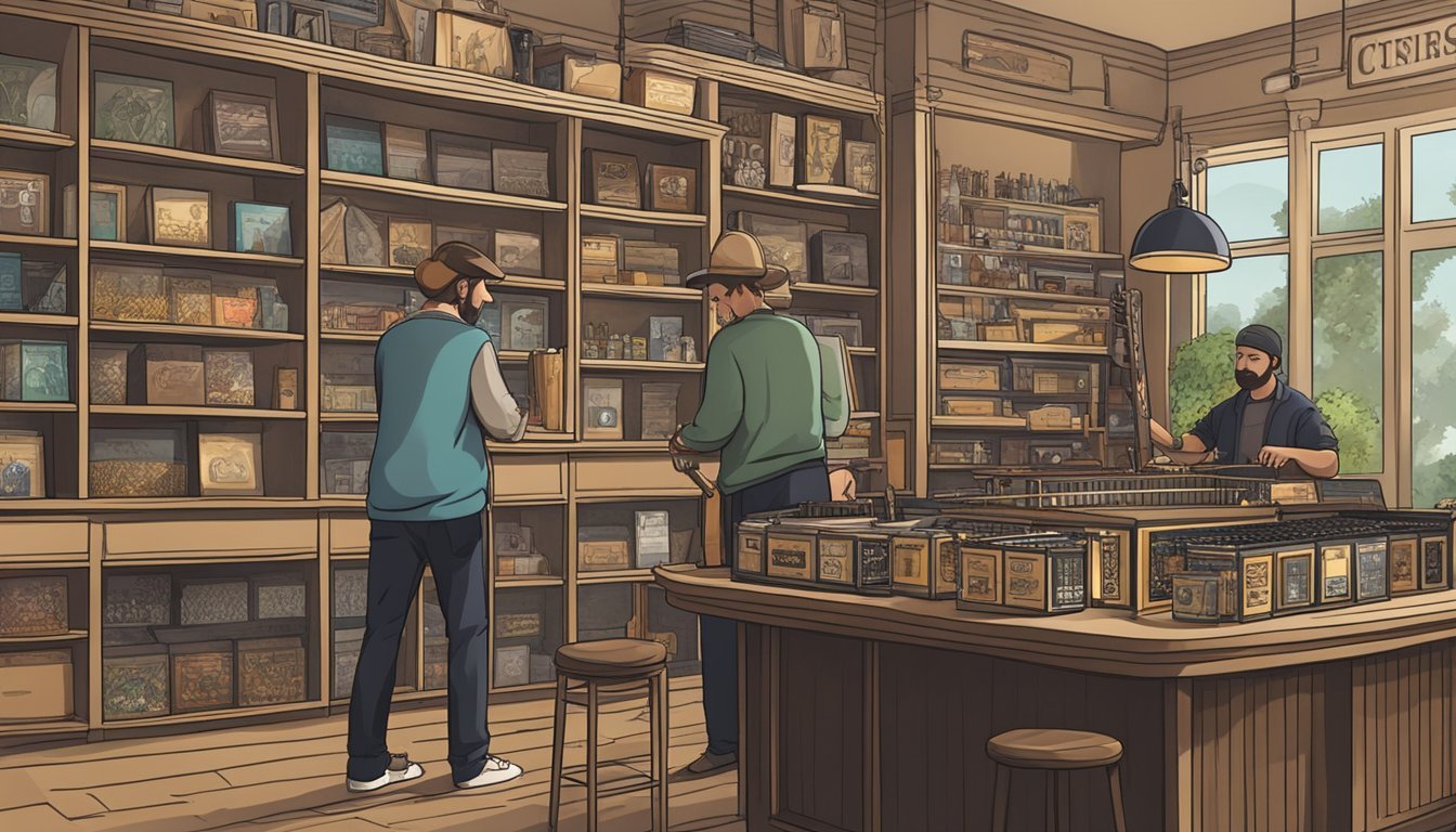 A small music shop with shelves of guitar strings, instruments, and accessories, with a counter and a salesperson assisting a customer