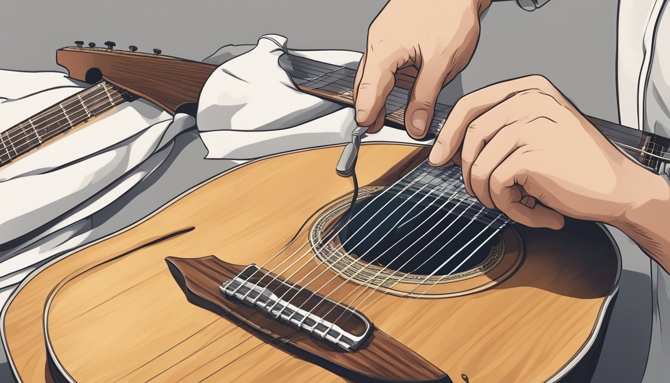 A hand holding a guitar with old strings being removed and new strings being put on, with a cleaning cloth nearby