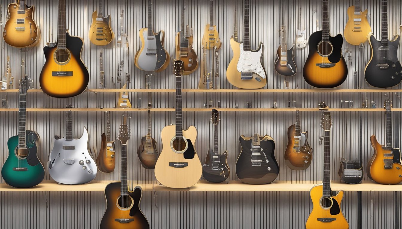 An assortment of guitar strings displayed on a wall rack in a music store, with various brands and types available for purchase
