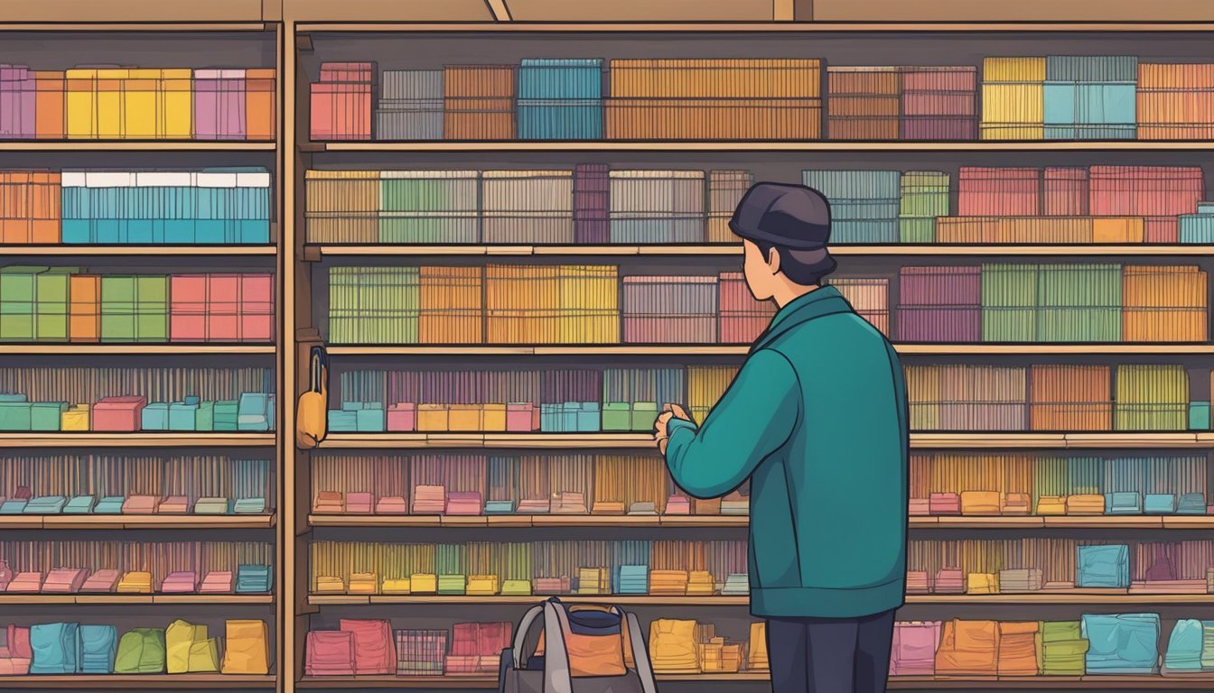 A well-stocked music store with rows of colorful guitar string packages displayed on shelves, with a knowledgeable staff member assisting a customer