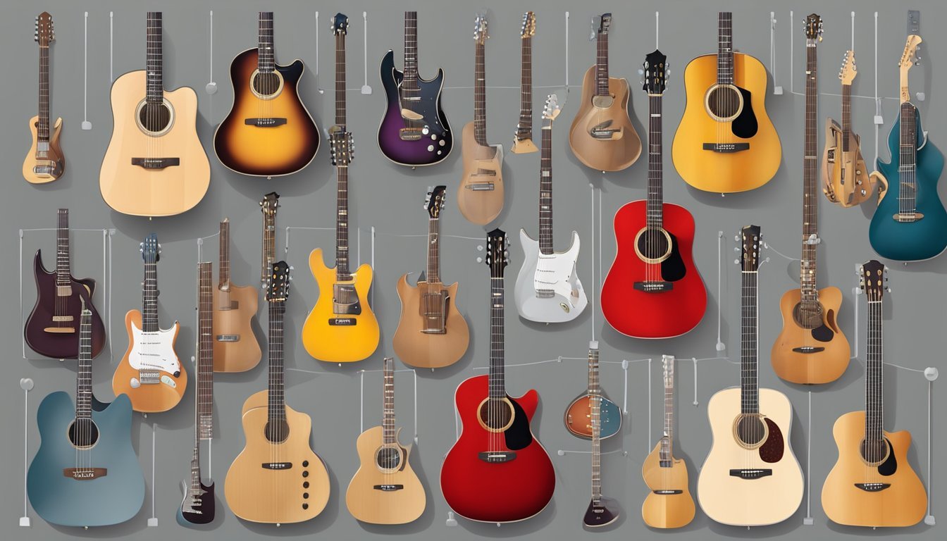A music store display of various guitar strings, hanging on racks or displayed in packaging, with price tags and brand labels