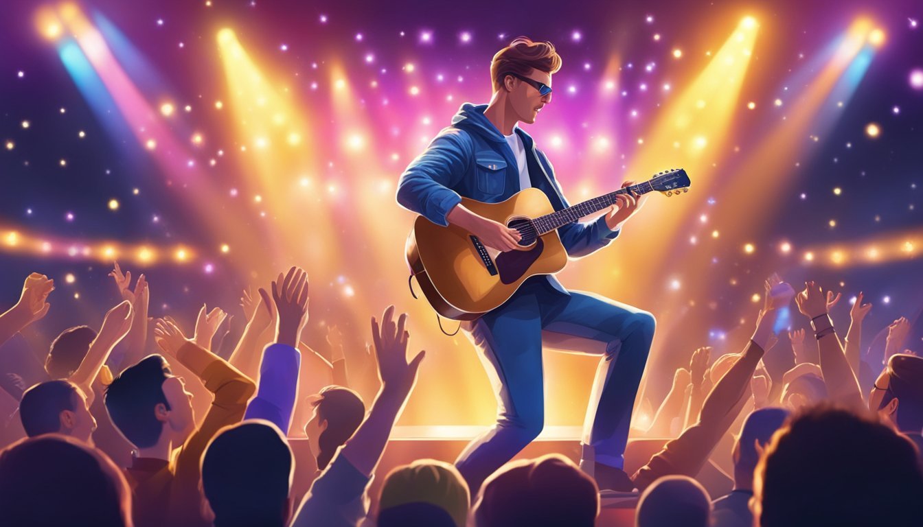 A man playing a guitar on stage, surrounded by bright lights and a cheering crowd